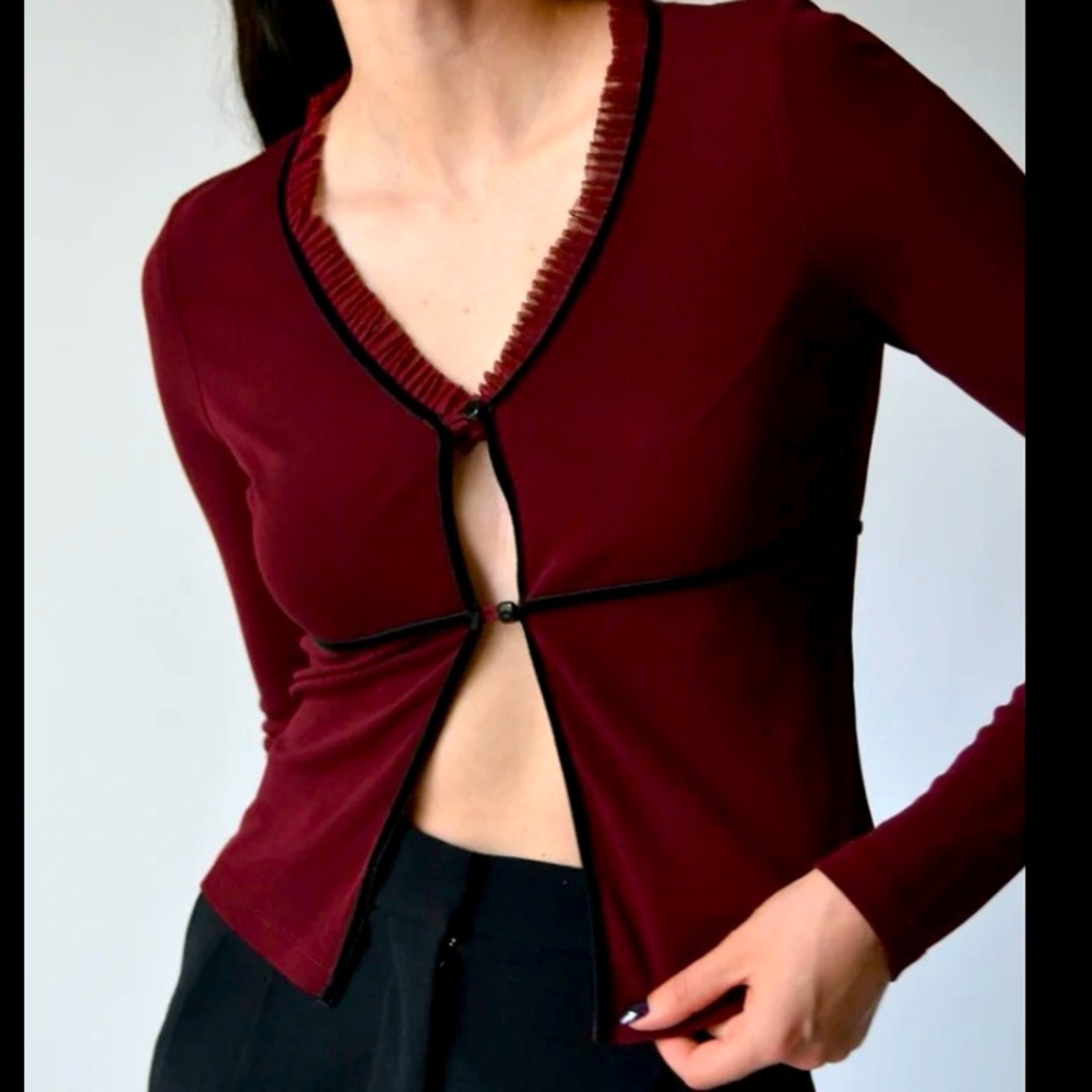 VINTAGE Betsey JOHNSON CARDIGAN sweater w/BUTTONS maroon BLACK size MEDIUM EUC!